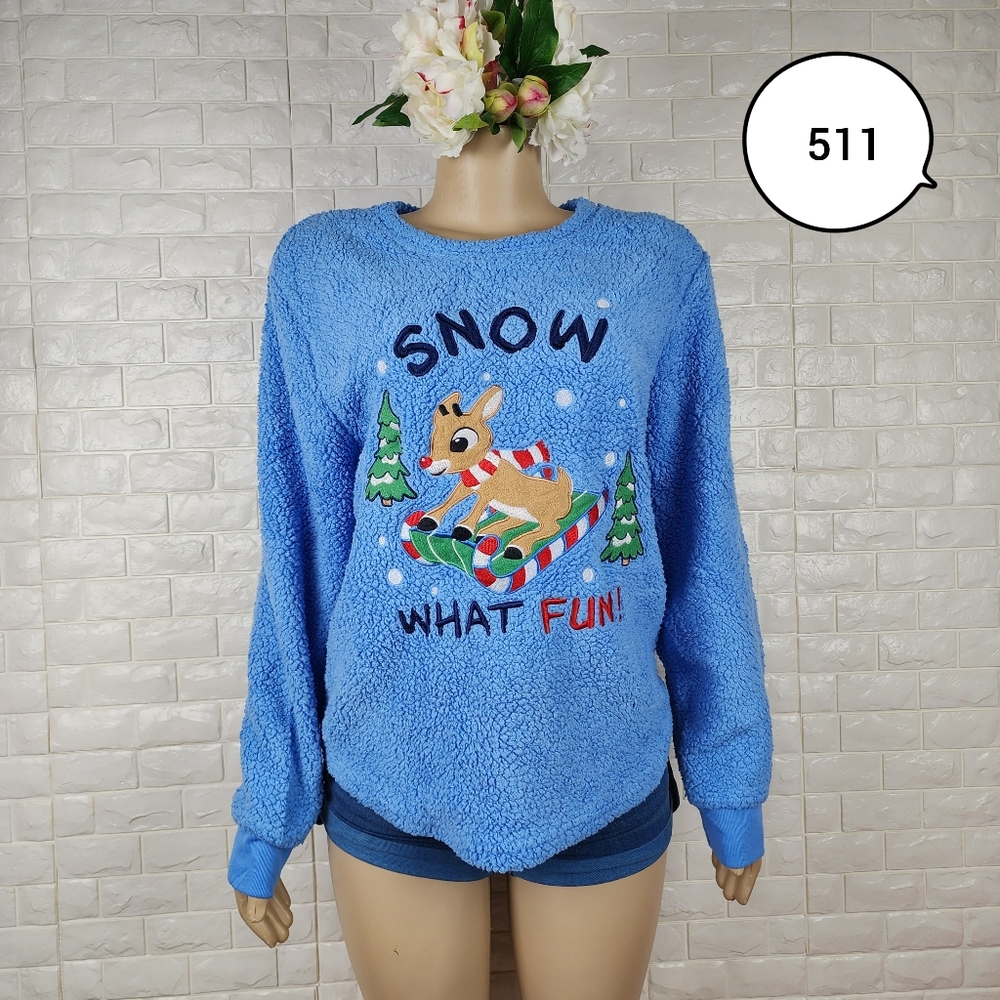 Rudolph XL Blue Pajama Top Soft Cozy Sleepwear Long Sleeve Lounge Shirt